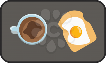A black tray serving a cup of coffee a slice of toasted bread with a sunny side up egg on the toast vector color drawing or illustration 