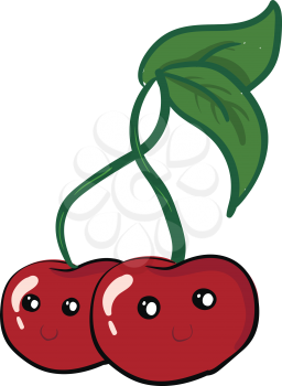 Bunch with two red cherries and two green leaves has a smiley face vector color drawing or illustration 