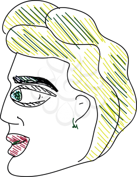 A drawing of the side face of a man with blonde hair blue eyes and pink lips vector color drawing or illustration 