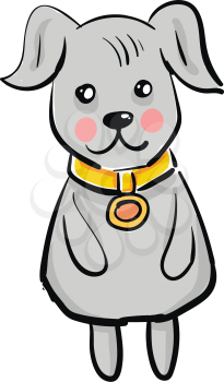 A grey dog with a golden collar around its neck is standing upright vector color drawing or illustration 