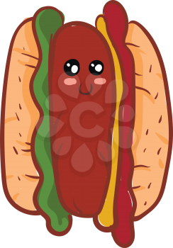 A hot dog placed in between a bun with tomatoes and lettuce vector color drawing or illustration 