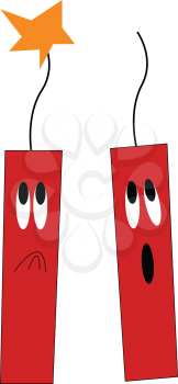 Two red rectangular dynamites one with the spark of fire has a sad expression and the other has a surprised one vector color drawing or illustration 