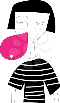 A girl with short black hair and closed eyes wearing a black shirt with white stripes is chewing pink bubble gum vector color drawing or illustration 