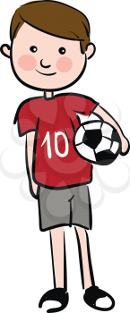 A boy playing football wearing a number 10 shirt grey shorts and soccer shoes vector color drawing or illustration 