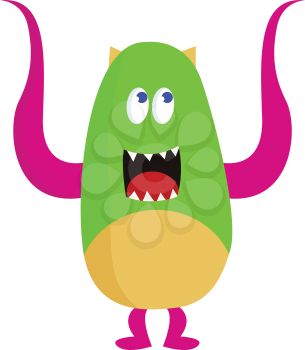 A pink and green monster with tiny ears is happy while raising hands vector color drawing or illustration 