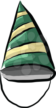 Green and beige colored stripped birthday hat attached to an elastic thread to be worn comfortably like a headband vector color drawing or illustration 