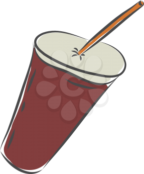 A cup of juice in a red-colored disposable plastic red party cup with lid and straw vector color drawing or illustration 