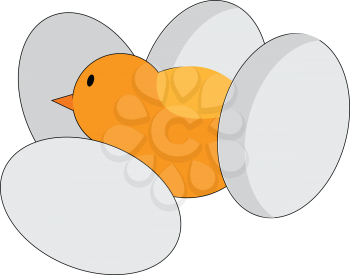 A tiny yellow chick amidst four eggs possesses a triangular-shaped orange beak vector color drawing or illustration 