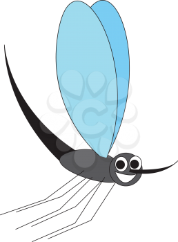 A cartoon tiny laughing mosquito with blue-colored wings grey-colored body and a long nose is at flight ready to infect someone vector color drawing or illustration 