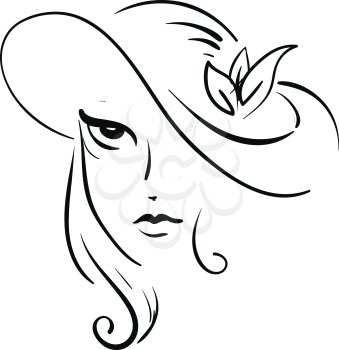 Artwork of a pretty lady wearing a designed cap on her long hair in black and white vector color drawing or illustration 