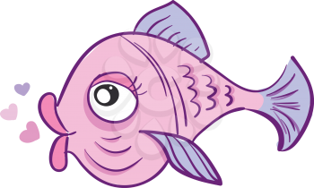A pink-colored love fish with heart shape bubbles over white background is with big eyes and purple-colored fins and gills vector color drawing or illustration 