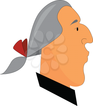 A man in a grey-colored wig has tied up his hair with a red-colored ribbon He is dressed in a black-colored shirt and has a large curved nose vector color drawing or illustration 