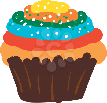 A small domed spongy multi-colored cup-cake made with eggs and baking powder is of several layers and is undoubtedly yummy and delicious vector color drawing or illustration 
