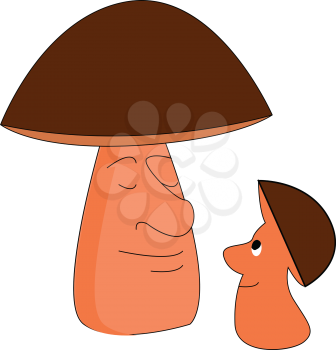 Cute dad and son mushrooms smiling while face each other are with a dark brown colored cap and a brown stem vector color drawing or illustration 