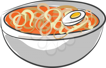Yummy pasta soup filled in a bowl looks so spicy and colorful along with a sliced half boiled egg vector color drawing or illustration 