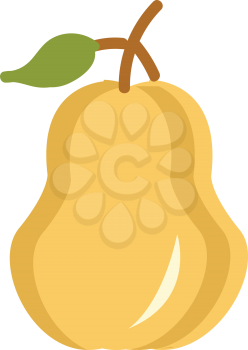 Yellow-colored cartoon pear fruit with green leaves and a small brown stalk that has no leaves vector color drawing or illustration 