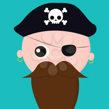 Cute face of pirate with earrings covers one of his eyes with a patch and wears a cap that bears the head of a skeleton with bones vector color drawing or illustration 