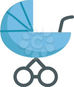 A blue-colored toy pram with two wheels and a handle to be pulled or pushed by the caretaker of the baby in it vector color drawing or illustration 