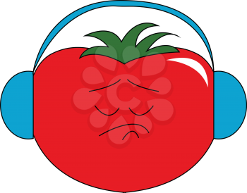 A cartoon tomato with blue headphones which seems to be sad vector color drawing or illustration