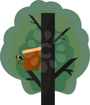 A manmade nest box in a big tree and a cute bird standing outside the box vector color drawing or illustration