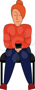 A girl sitting in a chair has closed her eyes and is relaxing She is dressed in brown top and blue pant and also wears a woollen turban hat on her head vector color drawing or illustration 