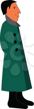 The side view of a tall man dressed in a green-colored coat having three black buttons is smiling while his hands folded at his back vector color drawing or illustration 