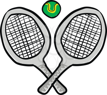 Clipart of two grey-colored crossed tennis rackets with a green-colored ball is ready to be picked and played by two players vector color drawing or illustration 
