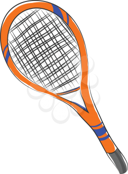 Clipart of a brown-colored tennis racket with a black handle has blue-colored ribbon encompassed around the ends of it vector color drawing or illustration 