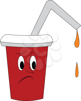 A cup of orange juice in a red-colored disposable plastic party cup with lid and straw express sadness while juice drips out of the straw vector color drawing or illustration 