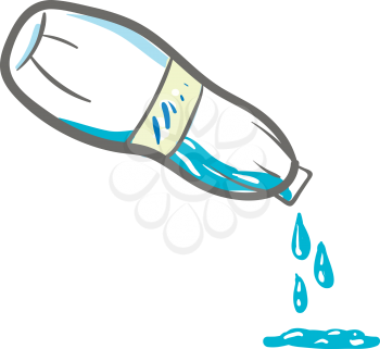 White-colored water bottle with a sticker at the center is tilted to pour out water vector color drawing or illustration 