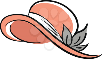 A peach-colored cartoon hat of a woman decorated with three grey leaves vector color drawing or illustration 