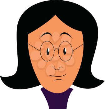 The portrait of a woman in violet-colored costume and cropped hairstyle wears a thin-frame pair of spectacles vector color drawing or illustration 
