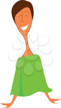 The portrait of a woman in green-colored costume and cropped hairstyle is laughing while both of her hands placed on the surface vector color drawing or illustration 
