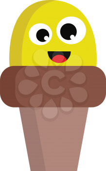 A brown cartoon cone ice cream with yellow colored scoop has two bulging eyes of different shapes exposes tongue while laughing vector color drawing or illustration 