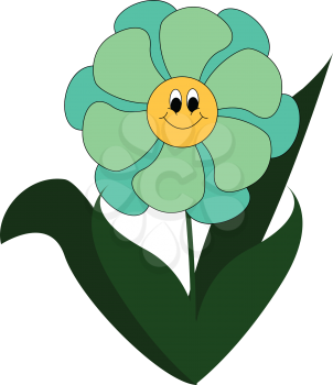 Simple cartoon of a smiling blue flower  with green leaves vector illustration on white background