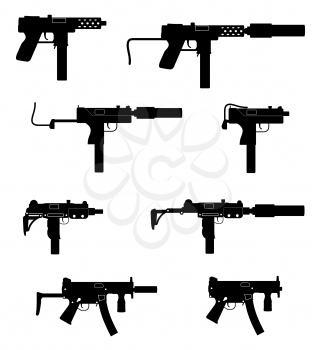 submachine machine hand gun weapons black outline silhouette stock vector illustration isolated on white background