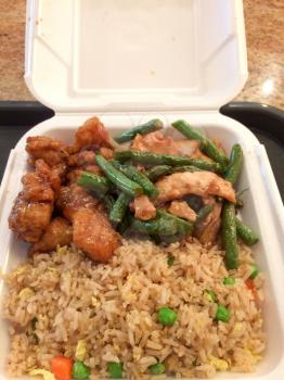 Chinese takeout food orange chicken green beans fried rice