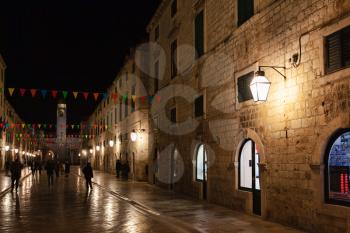 Dubrovnik, Croatia - 21 February 2019: Stradun street at night