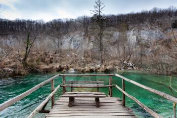 Plitvice Lakes National Park in winter, bench