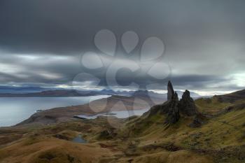 The old man of storr covered with fog, Skye, Scotland, UK
