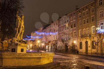 Rynok Square at night with Christmas decoration, Lviv, Ukraine