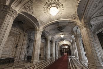 Majestic columns along the corridor hall in Palace of the Romanian Parliament