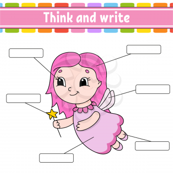 Young fairy. Think and write. Body part. Learning words. Education worksheet. Activity page for study English. Isolated vector illustration. Cartoon style.
