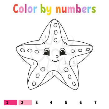 Color by numbers starfish. Coloring book for kids. Sea character. Vector illustration. Cute cartoon style. Hand drawn. Worksheet page for children. Isolated on white background.