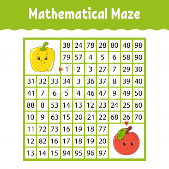 Vegetable pepper, fruit apple. Mathematical square maze. Game for kids. Number labyrinth. Education worksheet. Activity page. Puzzle for children. Cartoon characters. Color vector illustration.