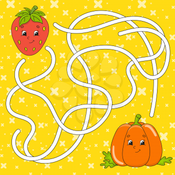 Vegetable pumpkin, strawberry. Maze. Game for kids. Labyrinth conundrum. Education developing worksheet. Puzzle for children. Activity page. Cartoon character. Color vector illustration.