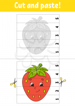Learning numbers 1-5. Cut and glue. Strawberry character. Education developing worksheet. Game for kids. Activity page. Color isolated vector illustration. Cartoon style.
