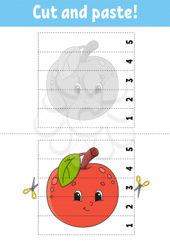 Learning numbers 1-5. Cut and glue. Apple character. Education developing worksheet. Game for kids. Activity page. Color isolated vector illustration. Cartoon style.