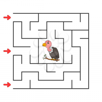 Funny square maze. Game for kids. Puzzle for children. Cartoon character. Labyrinth conundrum. Color vector illustration. Find the right path. The development of logical and spatial thinking.