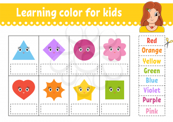 Learning color for kids. Education developing worksheet. Activity page with color pictures. Pretty girl. Riddle for children. Isolated vector illustration. Funny character. Cartoon style.